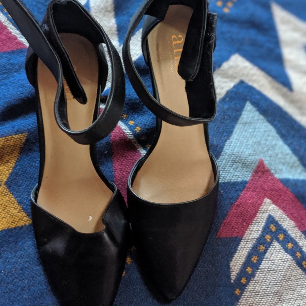 A.N.A. Black ankle strap, pointy toed, wedges 9.5